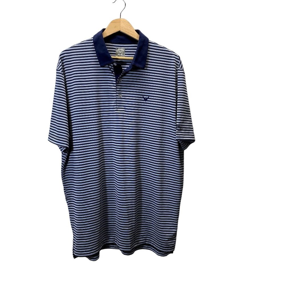 Callaway Polo Shirt Mens Large Blue White Striped Opti-Dri Performance Golf Top